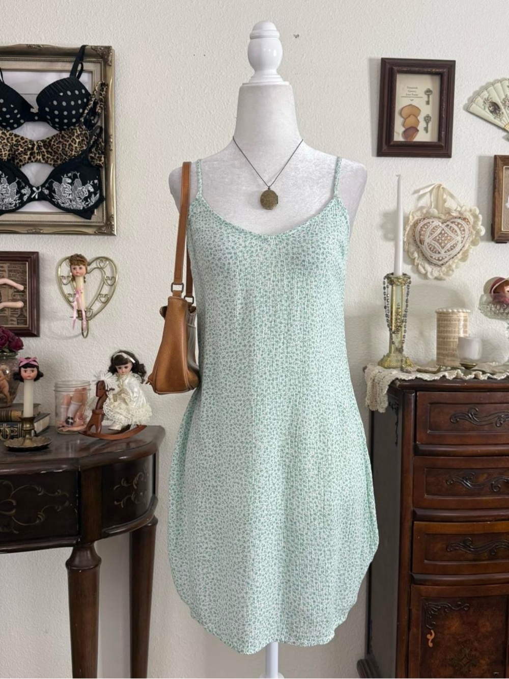 Girly grunge boho fairy green floral mini dress | size XS